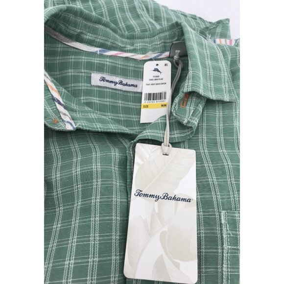 Tommy Bahama Sand Linen Shirt Mens Size Medium Long Sleeve Green‎ Plaid Button